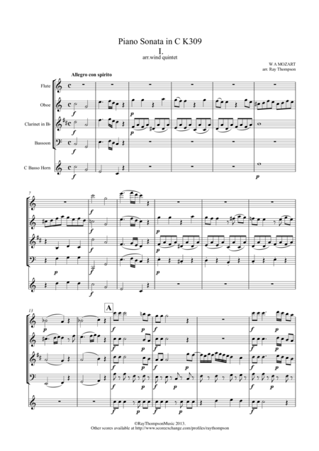 Mozart Piano Sonata No 7 In C K309 Mvt I Wind Quintet Sheet Music