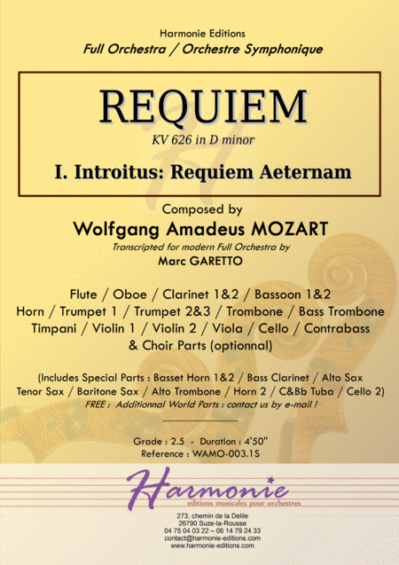 Mozart Requiem K 626 Introitus Requiem Aeternam Full Orchestra Score Parts Sheet Music