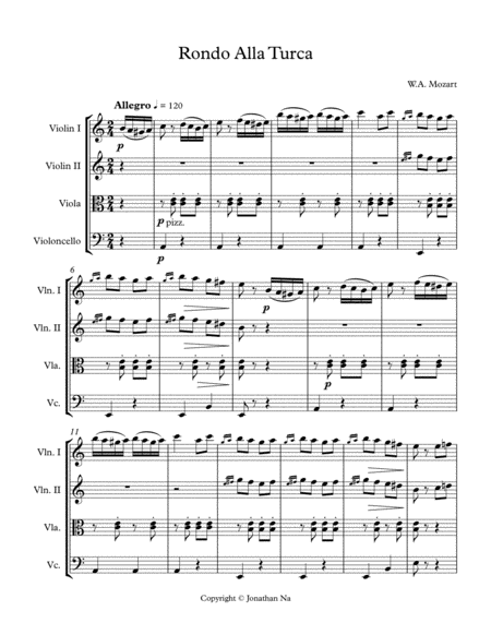 Mozart Rondo Alla Turca For String Quartet Sheet Music