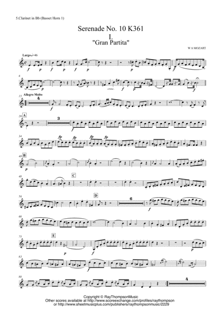 Mozart Serenade No 10 In Bb Gran Partita Clarinet Parts Substitute For Basset Horns Woodwind Ensemble 13 Instruments Sheet Music