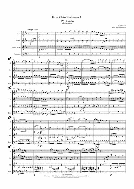 Mozart Serenade No 13 In G Eine Kleine Nachtmusik K 525 Mvt Iv Rondo Wind Quartet Sheet Music