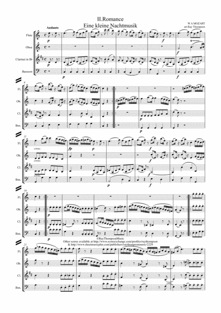 Mozart Serenade No 13 In G Eine Kleine Nachtmusik K525 Mvt Ii Romance Wind Quartet Sheet Music