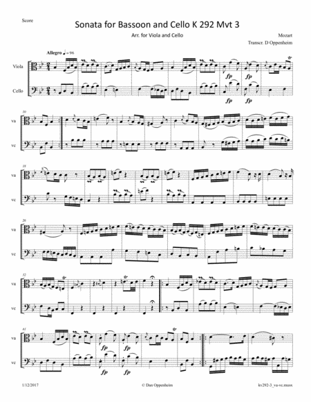 Mozart Sonata For Bassoon And Cello K 292 Mvt 3 Arranged For Viola And Cello Sheet Music