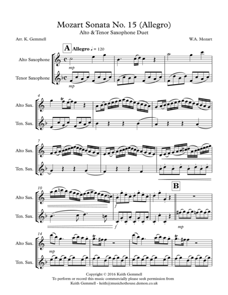 Mozart Sonata No 15 Allegro Alto Tenor Saxophone Duet Sheet Music