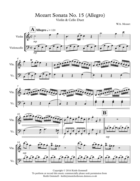 Free Sheet Music Mozart Sonata No 15 Allegro Violin Cello Duet