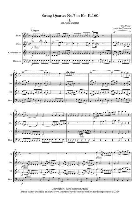 Mozart String Quartet No 7 In Eb Major K 160 Complete Wind Quartet Sheet Music