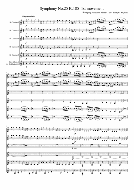 Mozart Symphony No 25 K 185 1st Movement For Clarinet Choir Sheet Music