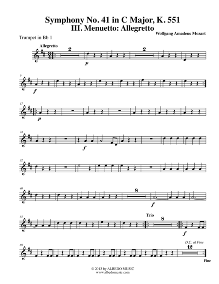 Free Sheet Music Mozart Symphony No 41 Jupiter Movement Iii Trumpet In Bb 1 Transposed Part K 551