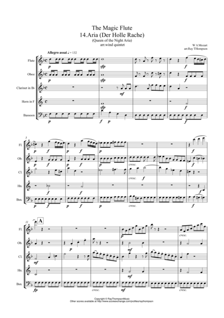 Free Sheet Music Mozart The Magic Flute No 14 Aria Der Holle Rache Queen Of The Nights Aria Wind Quintet Featuring Clarinet