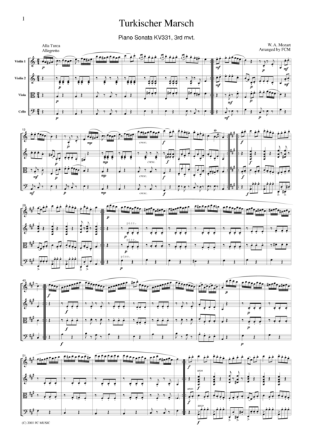 Mozart Turkischer March Piano Sonata Kv331 3rd Mvt For String Quartet Cm011 Sheet Music