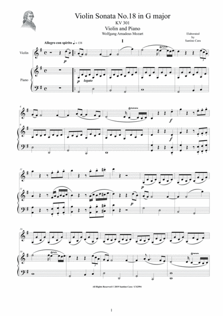 Free Sheet Music Mozart Violin Sonata No 18 In G Major Kv 301 For Violin And Piano Score And Part