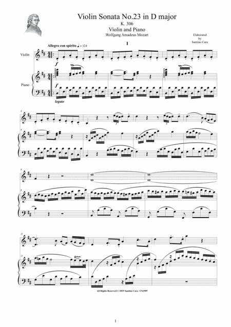 Mozart Violin Sonata No 23 In D Major K 306 For Violin And Piano Score And Part Sheet Music