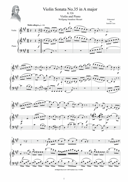 Mozart Violin Sonata No 35 In A Major K 526 For Violin And Piano Score And Part Sheet Music