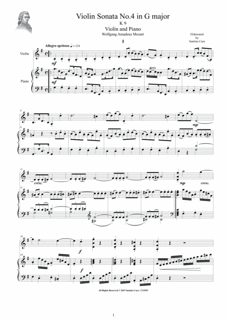 Mozart Violin Sonata No 4 In G Major Kv 9 For Violin And Piano Score And Part Sheet Music