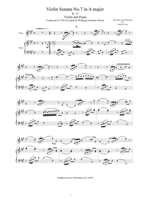 Mozart Violin Sonata No 7 In A Major K 12 For Violin And Piano Score And Part Sheet Music