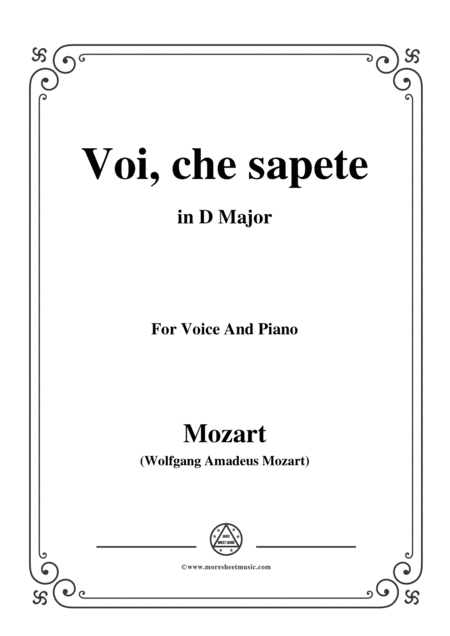 Mozart Voi Che Sapete In D Major For Voice And Piano Sheet Music