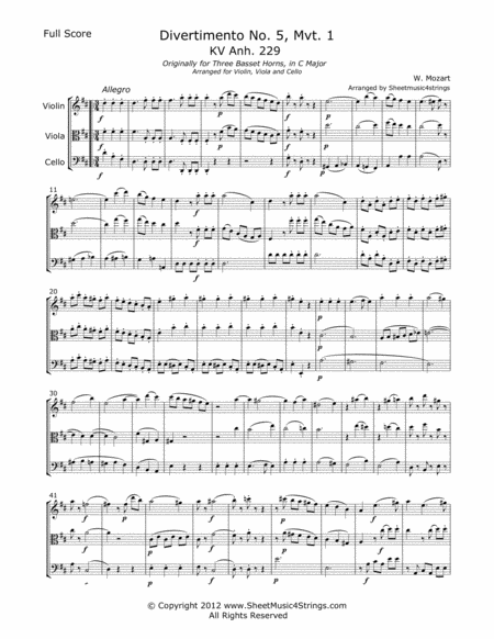 Mozart W Divertimento No 5 Mvt 1 For Violin Viola And Cello Sheet Music