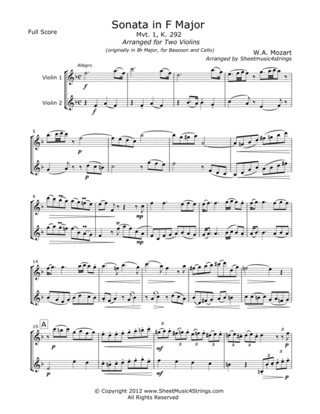 Free Sheet Music Mozart W Sonata In F Mvt 1 For Two Violins