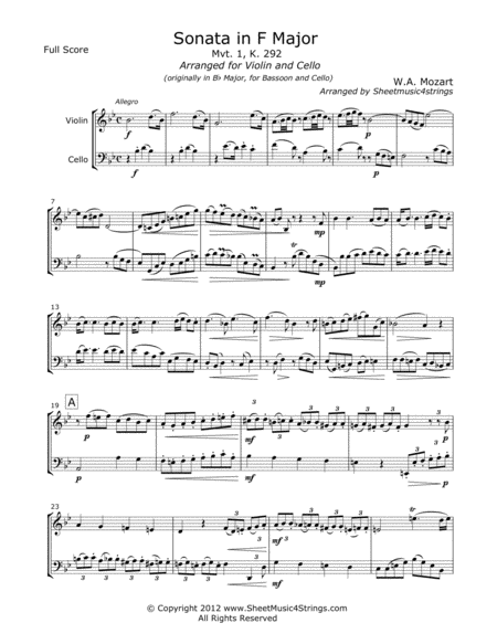 Mozart W Sonata No 5 Mvt 1 For Violin And Cello Sheet Music