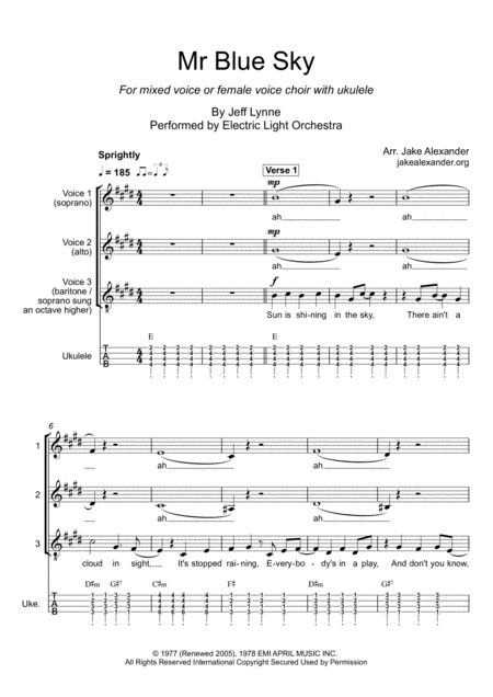 Free Sheet Music Mr Blue Sky Ssa Sabar With Ukulele