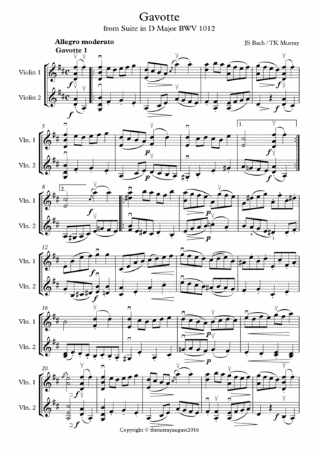 Murray Bach Solo Gavotte In D Major 2nd Violin Part Suzuki Bk 5 Sheet Music