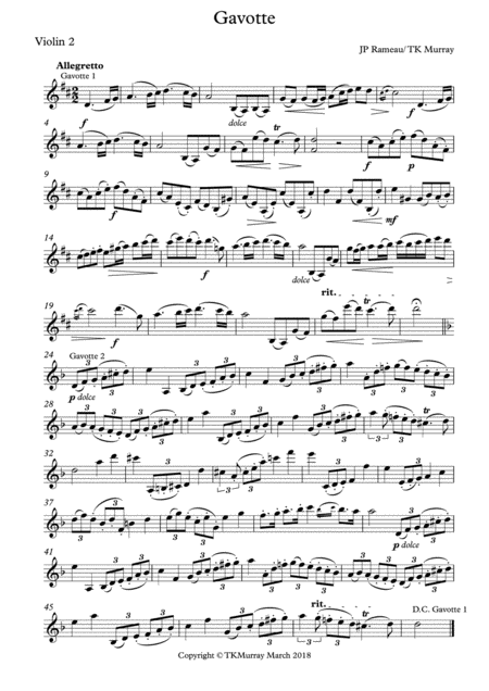 Murray Rameau Gavotte 2nd Violin Part Suzuki Bk 6 Sheet Music