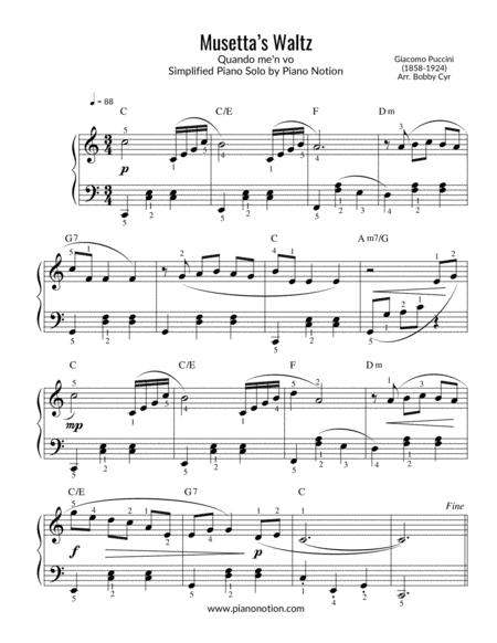 Musettas Waltz Quando Me N Vo Simplified Piano Solo Sheet Music