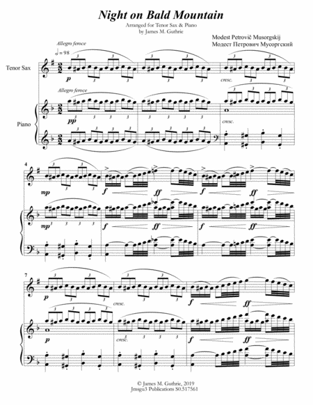 Free Sheet Music Mussorgsky Night On Bald Mountain For Tenor Sax Piano