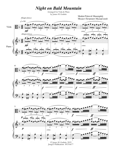 Mussorgsky Night On Bald Mountain For Viola Piano Sheet Music