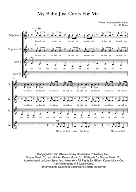 My Baby Just Cares For Me Ssaa A Capella Unaccompanied Womens Choir Sheet Music