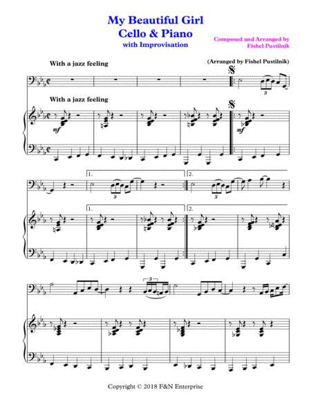 My Beautiful Girl Piano Background For Cello And Piano With Improvisation Video Sheet Music