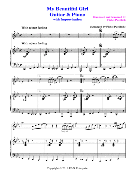 Free Sheet Music My Beautiful Girl Piano Background For Guitar And Piano With Improvisation Video