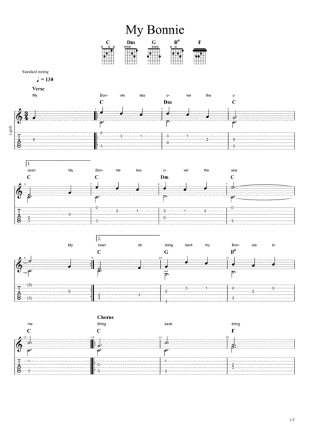 My Bonnie Easy Guitar Tab Sheet Music