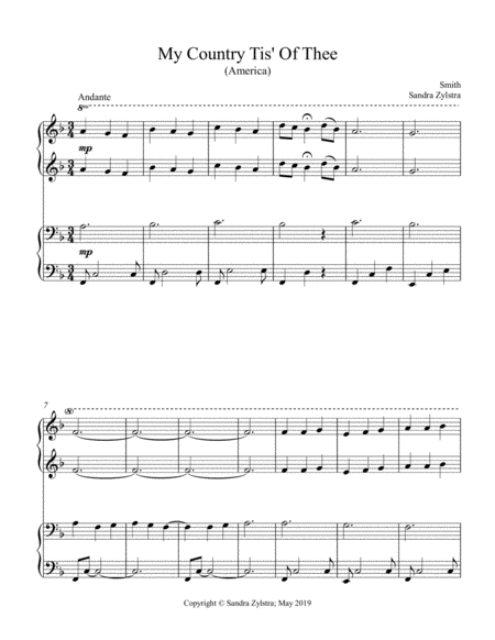 Free Sheet Music My Country Tis Of Thee 1 Piano 4 Hand Duet