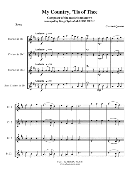 My Country Tis Of Thee For Clarinet Quartet Sheet Music