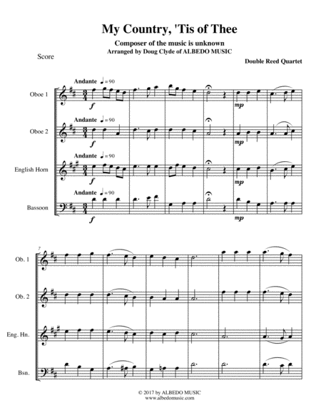 Free Sheet Music My Country Tis Of Thee For Double Reed Quartet