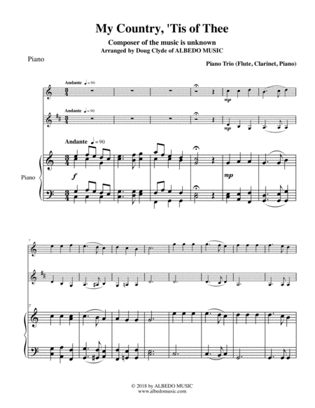 Free Sheet Music My Country Tis Of Thee For Flute Clarinet Piano