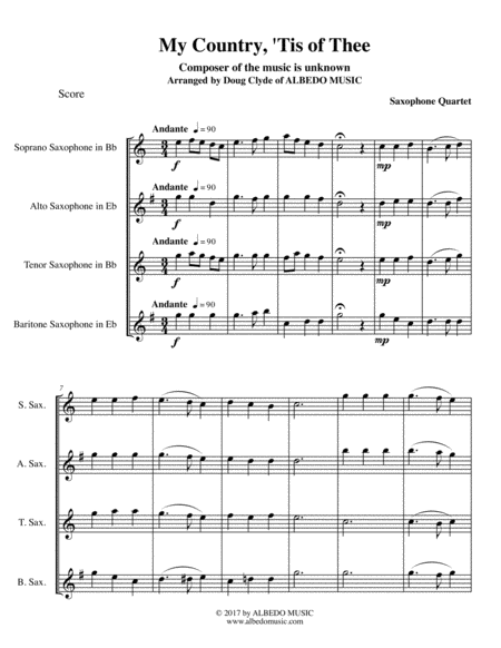 Free Sheet Music My Country Tis Of Thee For Saxophone Quartet