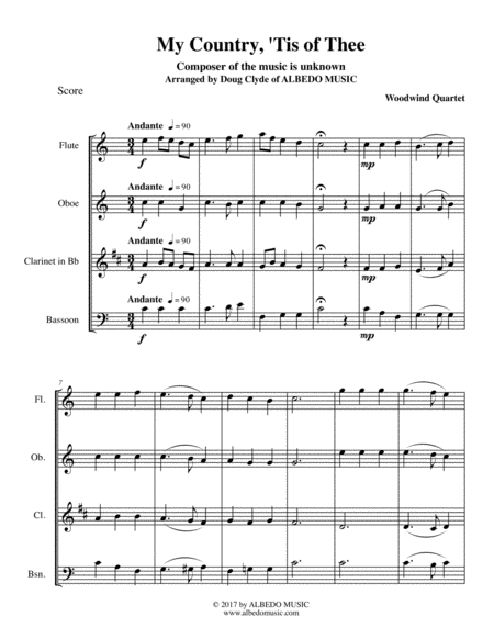 My Country Tis Of Thee For Woodwind Quartet Sheet Music