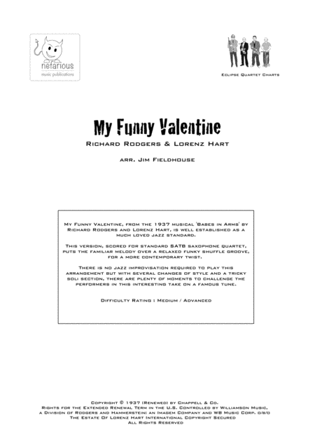 My Funny Valentine For Saxophone Quartet Sheet Music