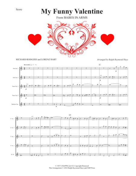 My Funny Valentine For Saxophone Quintet Sheet Music