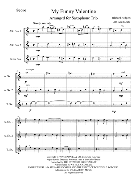 My Funny Valentine Saxophone Trio Sheet Music