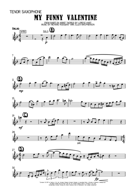 Free Sheet Music My Funny Valentine Tenor Saxophone