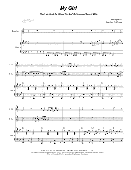 Free Sheet Music My Girl Duet For Soprano And Tenor Saxophone