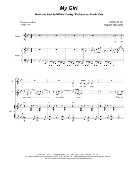 Free Sheet Music My Girl For 2 Part Choir Soprano And Tenor