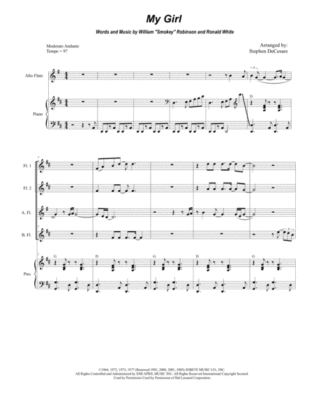 Free Sheet Music My Girl For Flute Choir And Piano