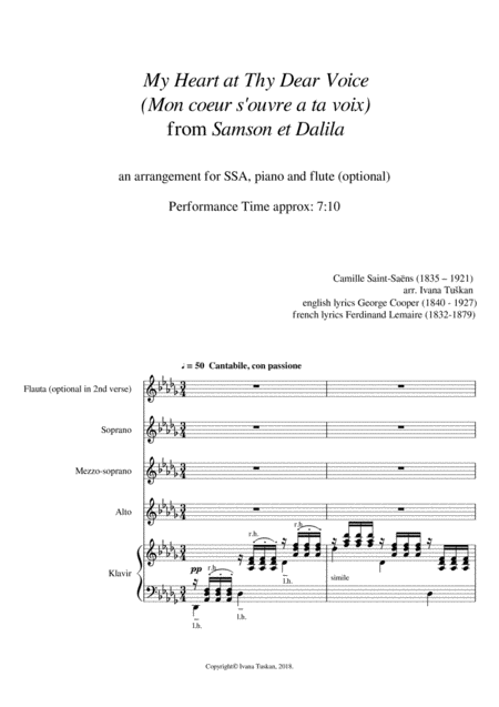 My Heart At Thy Dear Voice Mon Coeur From Samson Dalilah Ssa Piano Flute Sheet Music