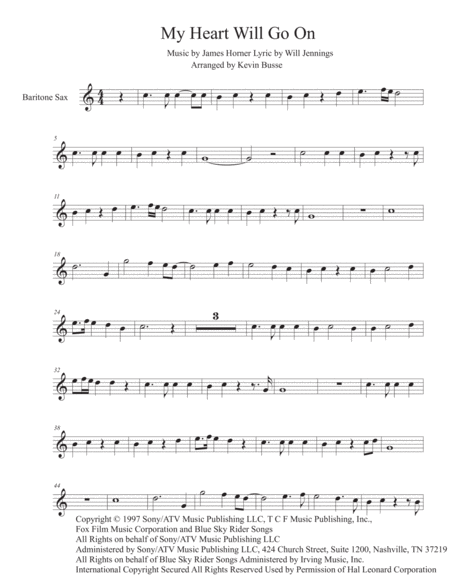 My Heart Will Go On Easy Key Of C Bari Sax Sheet Music