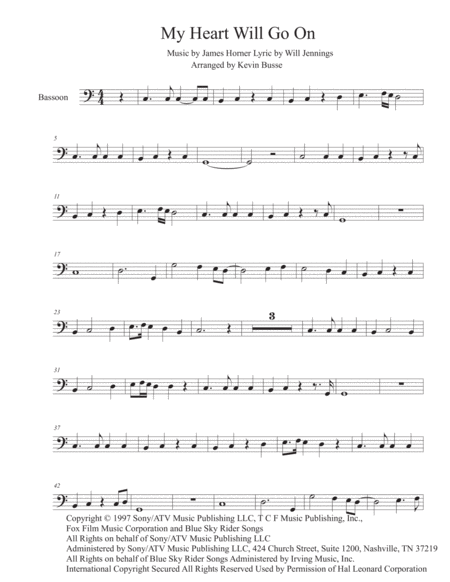 Free Sheet Music My Heart Will Go On Easy Key Of C Bassoon