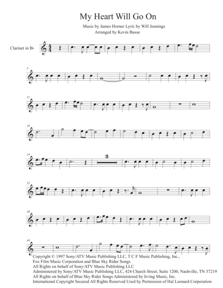 My Heart Will Go On Easy Key Of C Clarinet Sheet Music